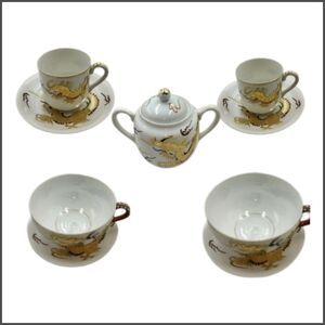 Gold Dragonware Moriage Tea Set | Sugar Bowl + Cups & Saucers | 9-Piece
